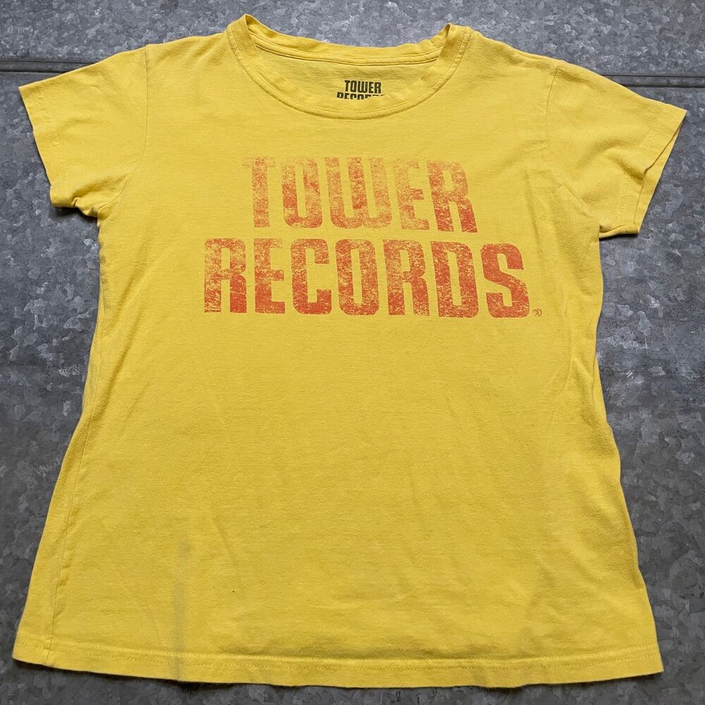 Tower Records Logo Graphic Tee Shirt Womens S/M Distressed Y2K Indie Cotton